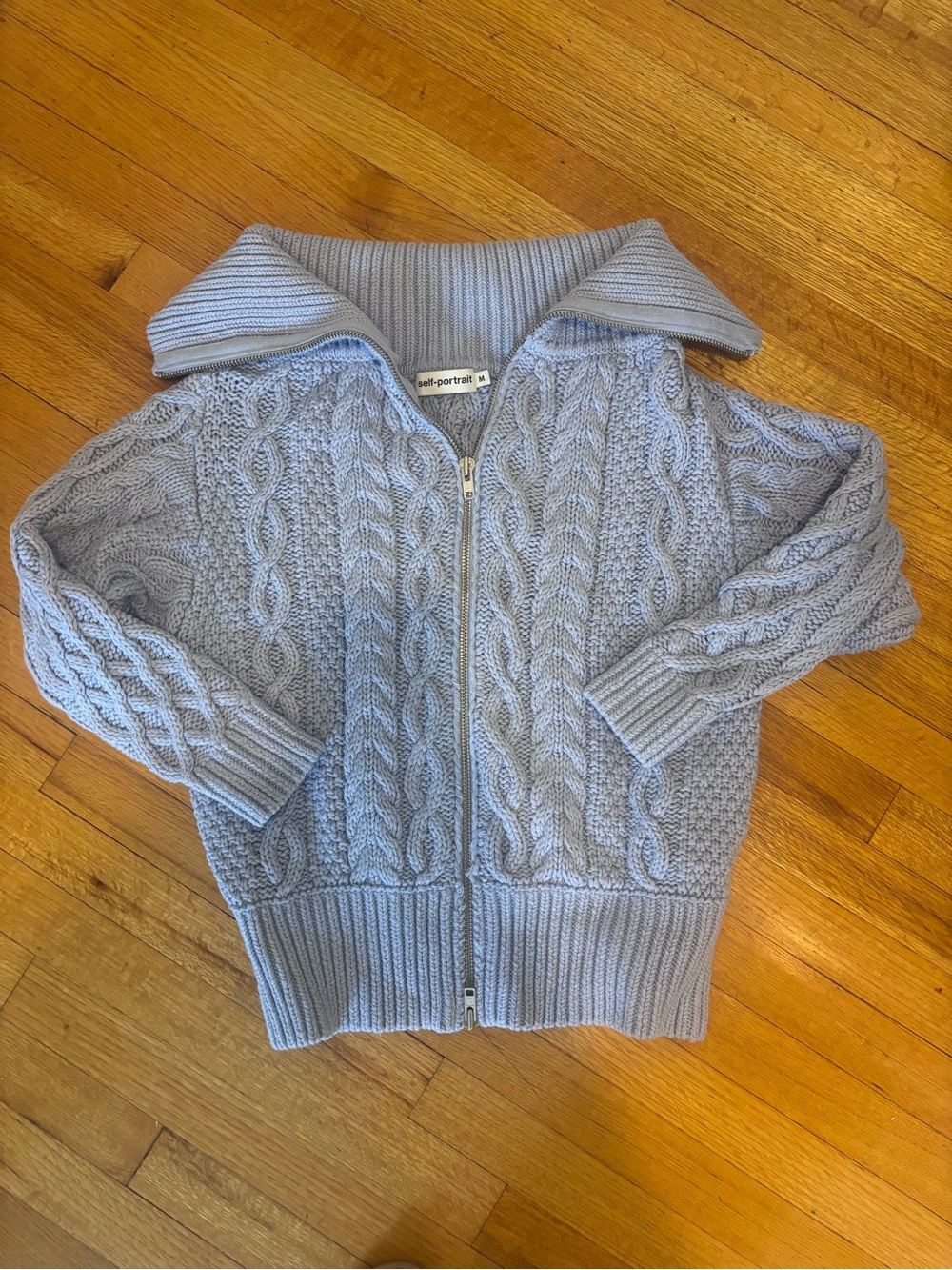 Self-Portrait Pale Blue Cable-Knit Zip Cardigan